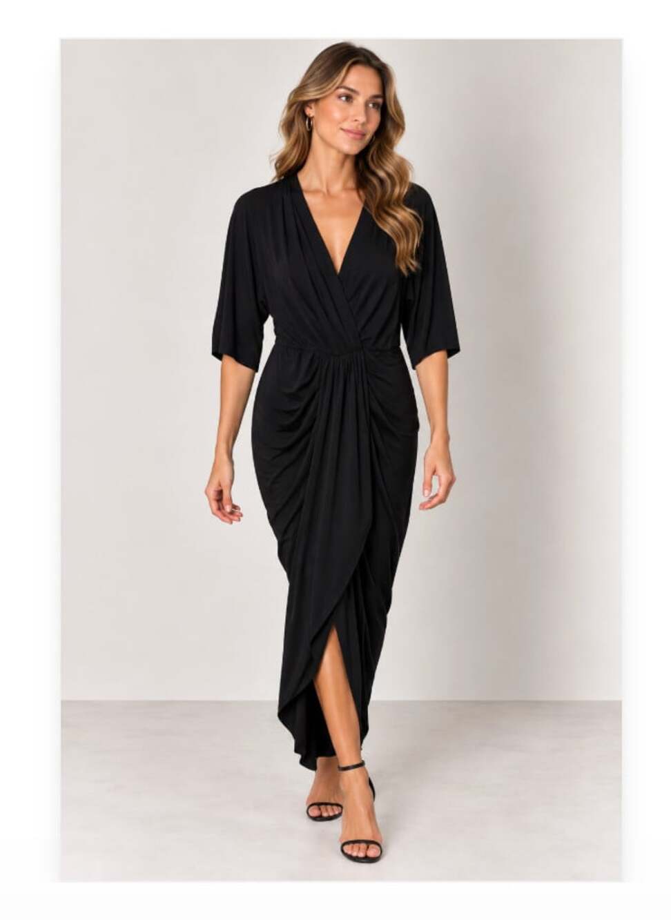 Dress Day Dress Womens L Black Ruched Wrap V Neck Half Sleeve Maxi Formal